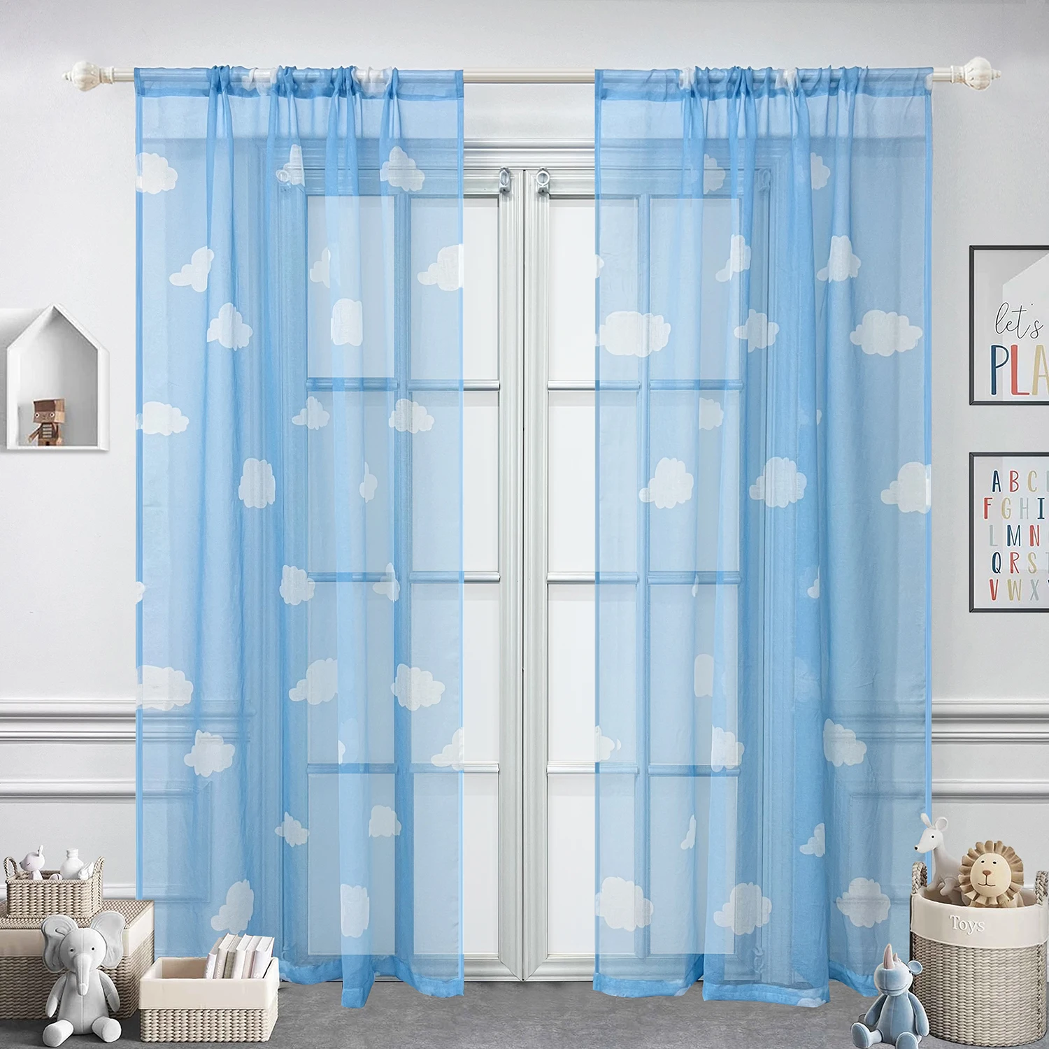 1PC Cartoon White Clould Sheer Curtain for Kids Boys Bedroom Light Blue Voile Drape Home Decoration Custom Made #E