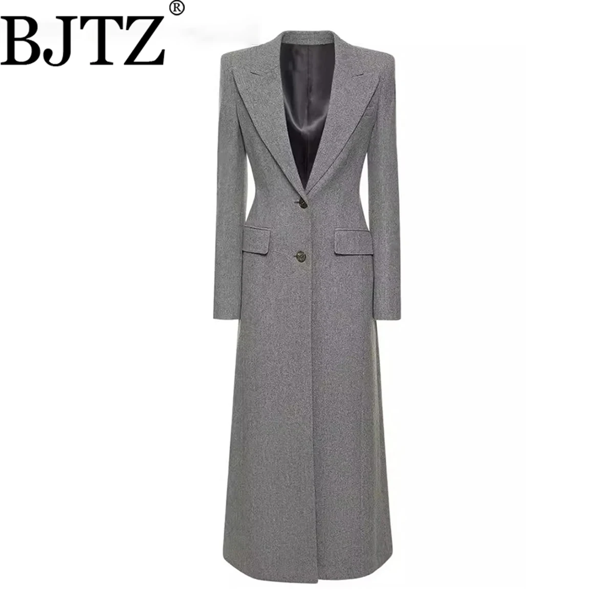 

Женский элегантный удлиненный плащ-тренч BJTZ из смесовой шерсти, приталенный силуэт А-силуэт, однотонный, весна-осень, в стиле блейзера