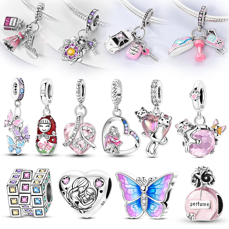 Original 925er Sterlingsilber Charm Anhänger, rosa Schmetterling, Parfüm, Katze, Herz, passend für Armbänder, DIY Schmuckgeschenk für Frauen