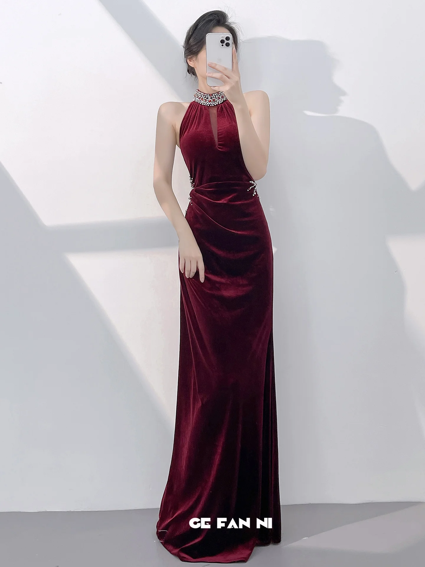 

Ele Red Velvet Evening Gown Women's 2026 New Sle Hanging Ne Fi Tail Long Skirt for Annual Conference Par Dr