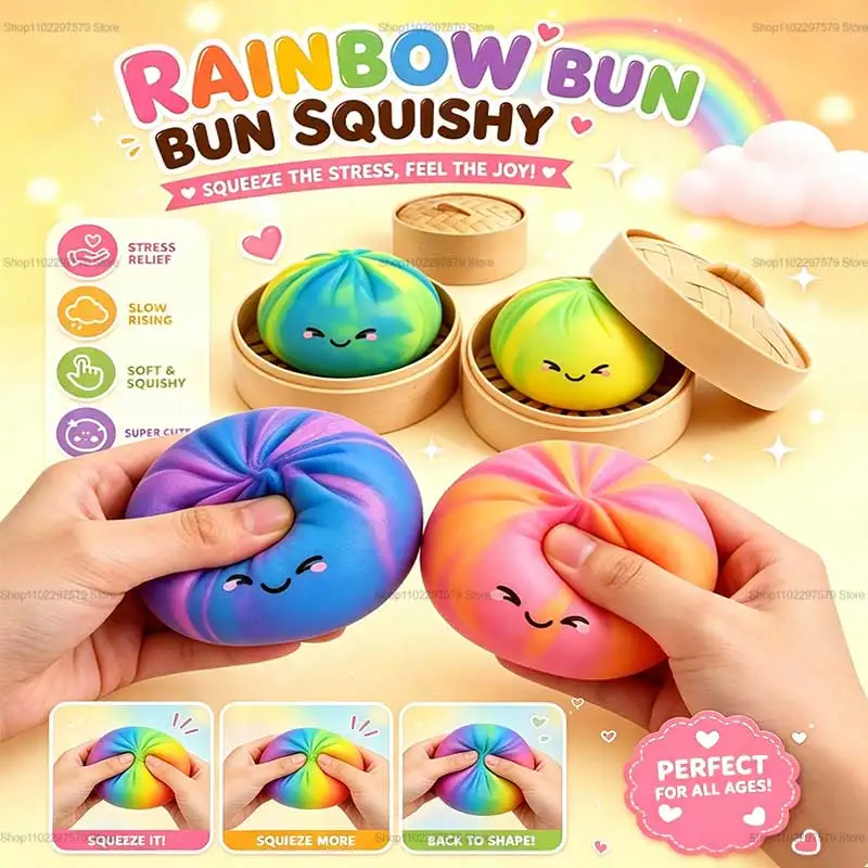 2026New Rainbow Color Dumpling Squishy Toy with Bamboo Slow Rising Stress Relief Fidget Ball Soft Squeeze Toys for Adults & Kids