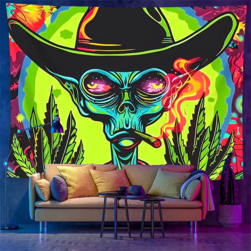 VIKAMA Psychedelic Green Bearded Gnome Tapestry Wall Hanging Sunglasses Pipe Cosmic Trippy Indie Aesthetic Wall Art Dorm Decor