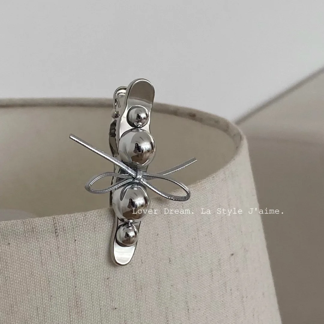 New textured silver beads imitation leather bow duck bill clip hairpin, Korean version sweet side bangs clip hair accessories