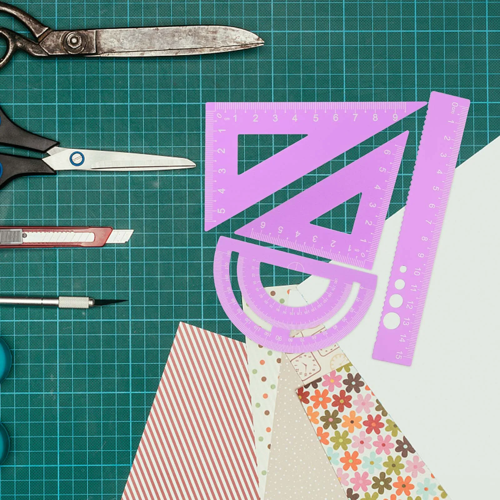 4pcs Aluminum Alloy Ruler Set Geometry Math Tools Office School Measurement Kit Portable Lightweight Stationery For