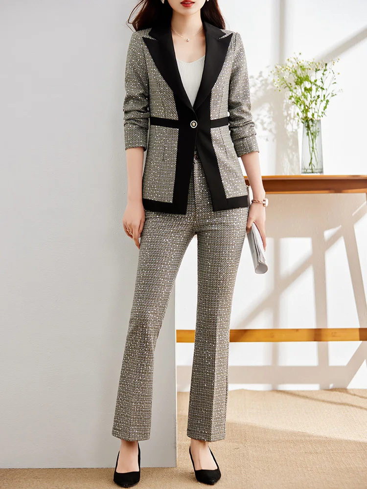 Newest 2024 Designer Runway Suit Set Women's Single Button Slim Fitting Blazer Flare Pants Suit Sequined Blazer Set Fashion