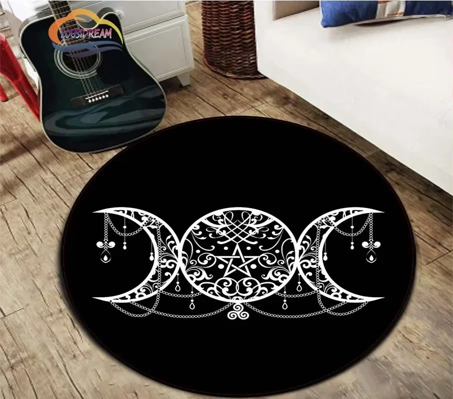 Gothic Round Rug Non Slip Soft Floor Mat Triple Moon Pentagram Occult Pattern Decor Carpet Bedroom Meditation Room Indoor Home