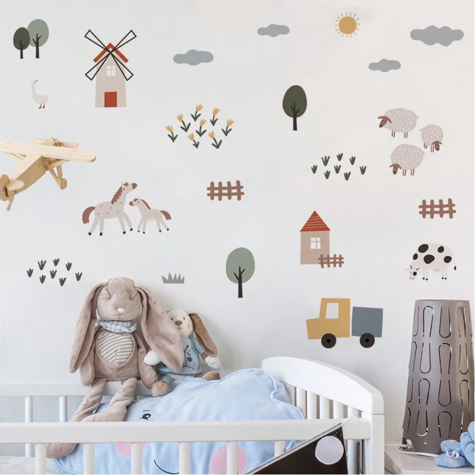 Boho Watercolor Cartoon Cows Farm Animal Car Vinyl Wall Sticker Removable Decals Kids Nursery Baby Bedroom Home Decor