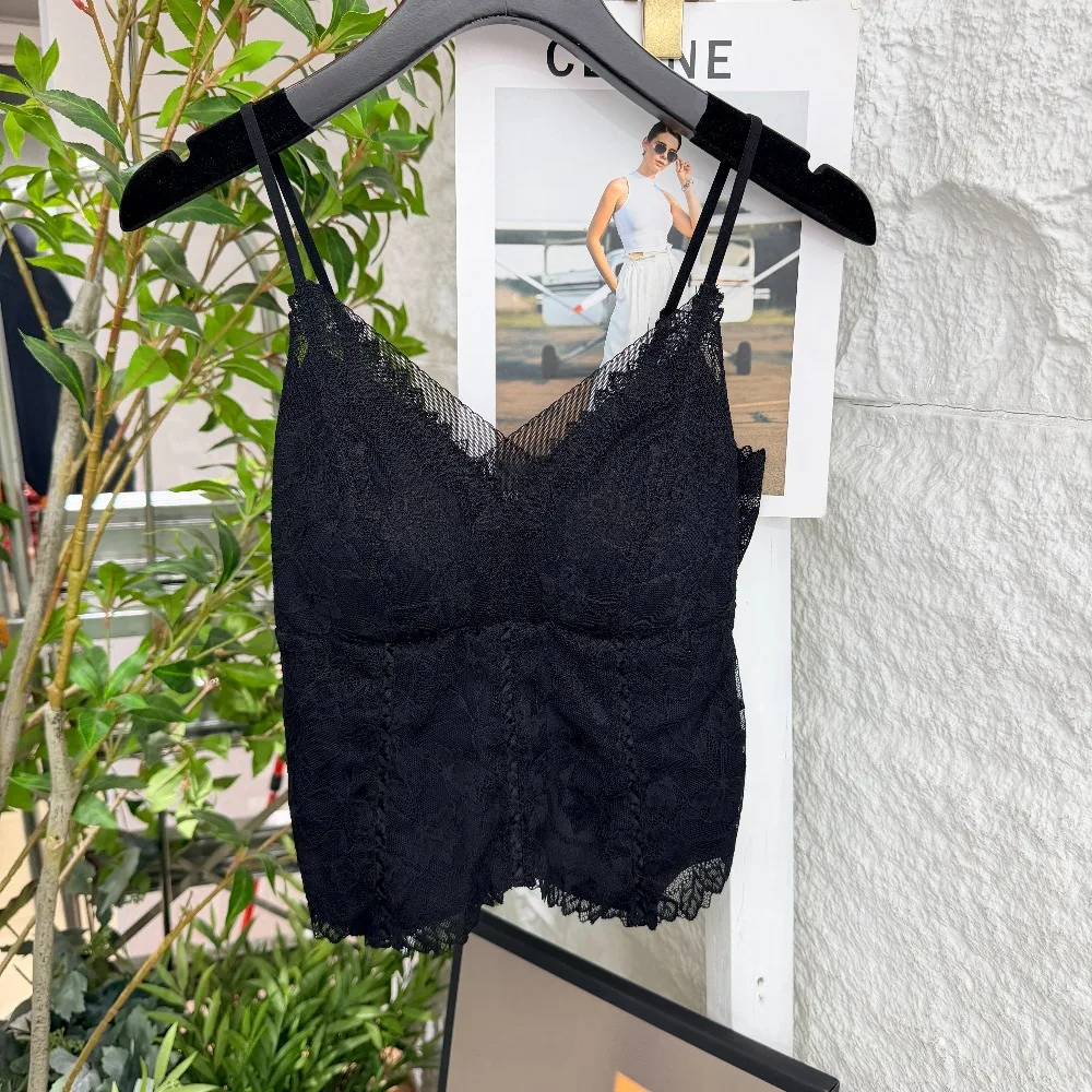 BANERDANNI French Lace Sling Camisole One Piece Padded Push‑Up Bra Deep Backless Thin Strap Bandeau Women Inner Outer Top Vest
