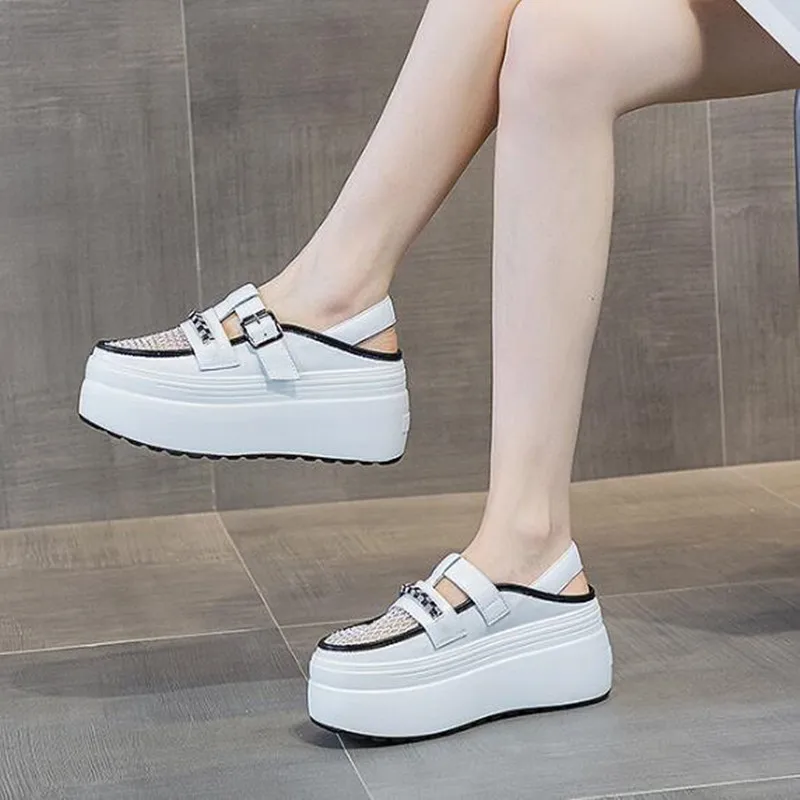 

New 8cm Air Mesh Genuine Leather Platform Chunky Sneakers Women Sandals Casual Hollow Rhinestone White 2026 Summer Slippers Shoe