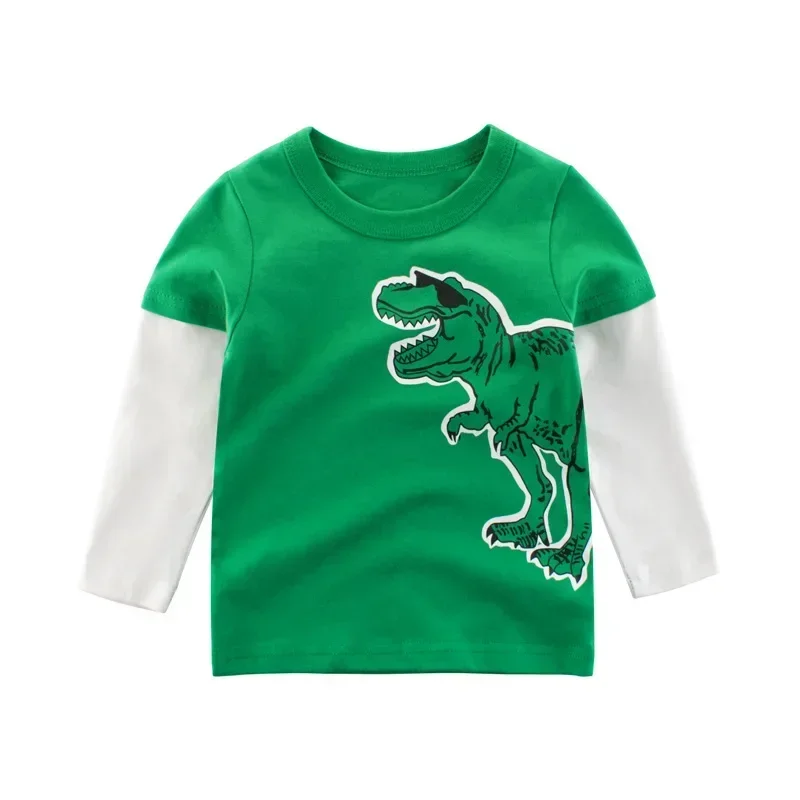 Fake Two Dinosaur Cartoon T-shirt for Boy 2025 Autumn Children's Bottoms Shirt Baby Boys Long Sleeve Cotton Top Tee Kids Clothes