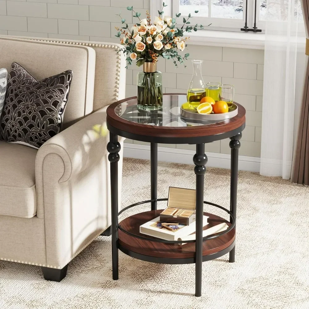 

Modern Industrial Glass End Table, 2-Tier Round End Tables with Storage Shelf, Coffee Tea Table for Living Room, Bedroom