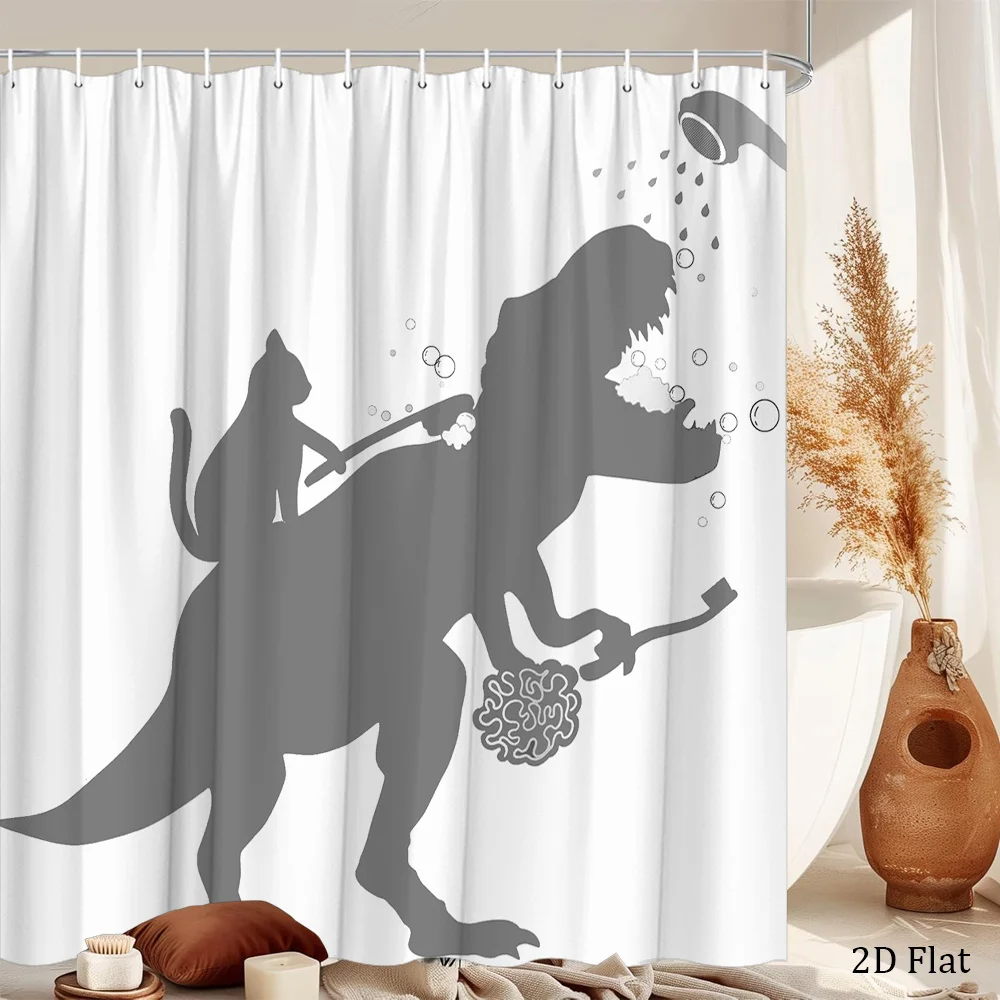 [2D Flat Printing] 1pc Roaring T-Rex Shower Curtain Dinosaur with Open Mouth Spraying Water While Cat Rides on Back Monochrome P
