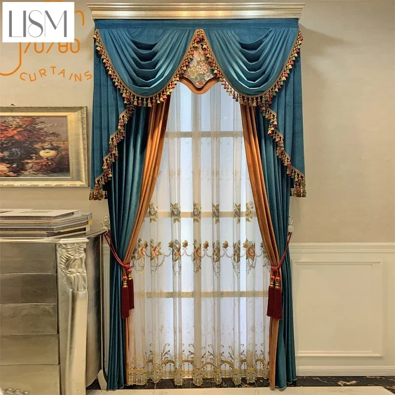 American Retro Blue Orange Velvet Patchwork Thick Shading Curtains For Living Room Bedroom Study Villa Custom Embroidered Yarn