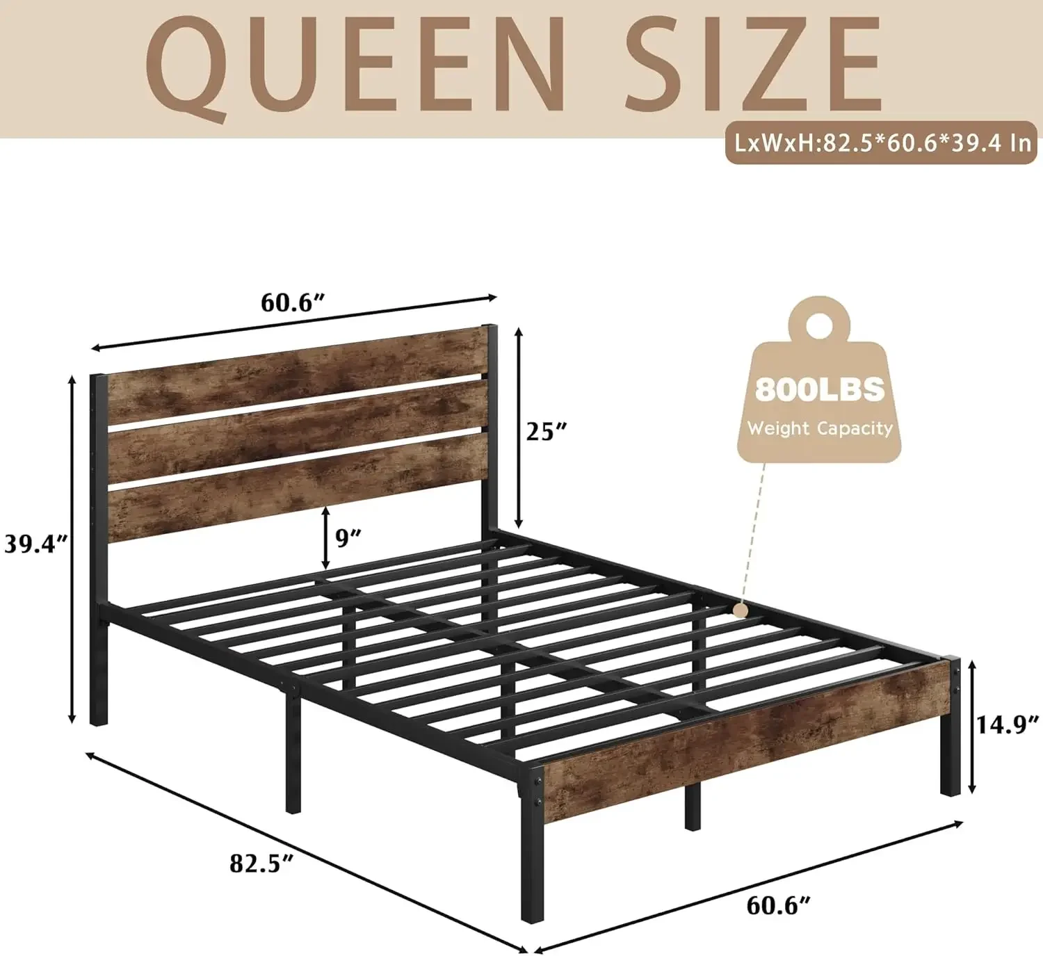 Frame with Headboard and Footboard, 14 Inch Metal Platform Bed, Mattress Foundation, No Box Spring Needed, Noise Free, Under Bed