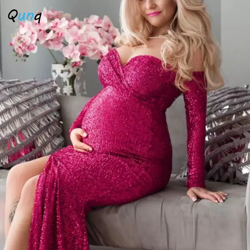 Qunq Autumn Winter New Maternity Wear Women Solid Shoulderless Sequin Mesh High Waist Zipper Dress Pregnancy ropa de maternidad