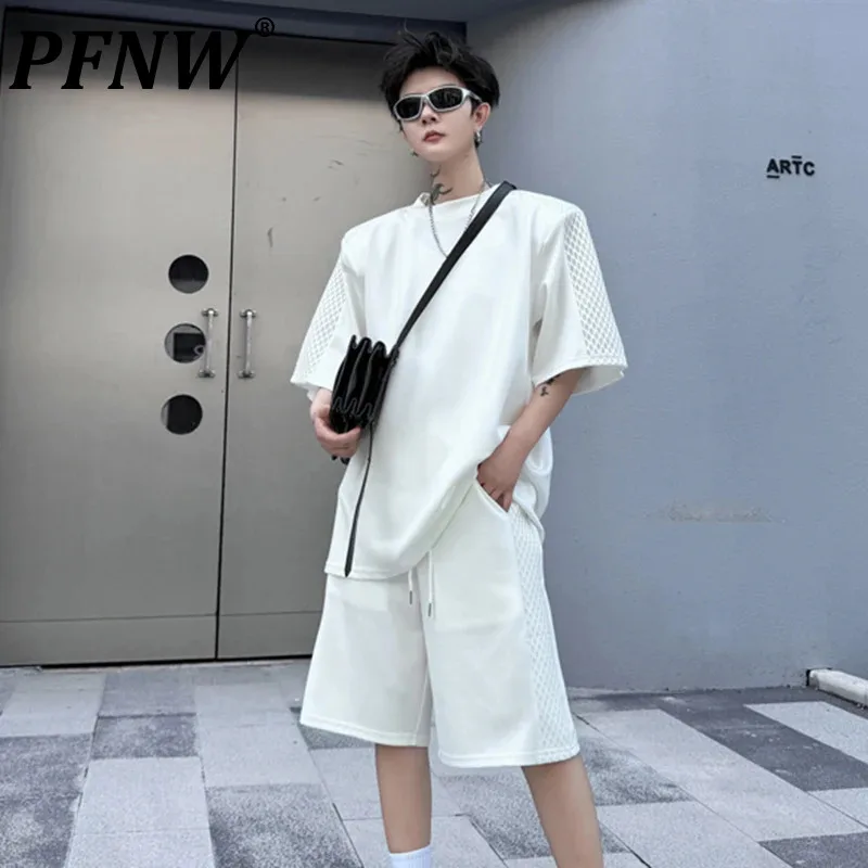 

PFNW Men's Set Side Mesh Fabric Splicing Design Short Sleeve T-shirt Casual Shorts 2024 Summer New Fashion Male Two-piece 8W3269