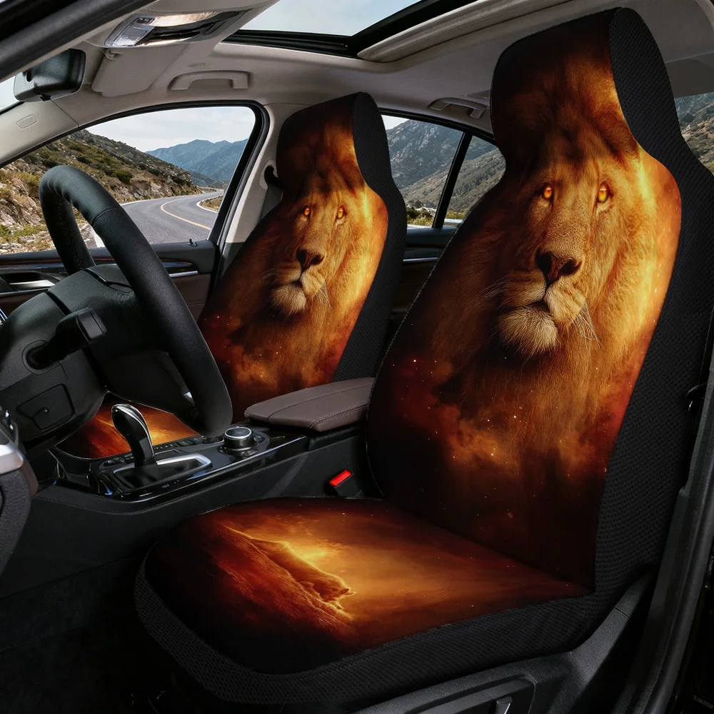 2D Flat Printing, 2pcs Universal Vehicle Car Seat Covers, Comfortable Car Seat Covers, Easy To Install, Lion In Fiery Cosmos Pat