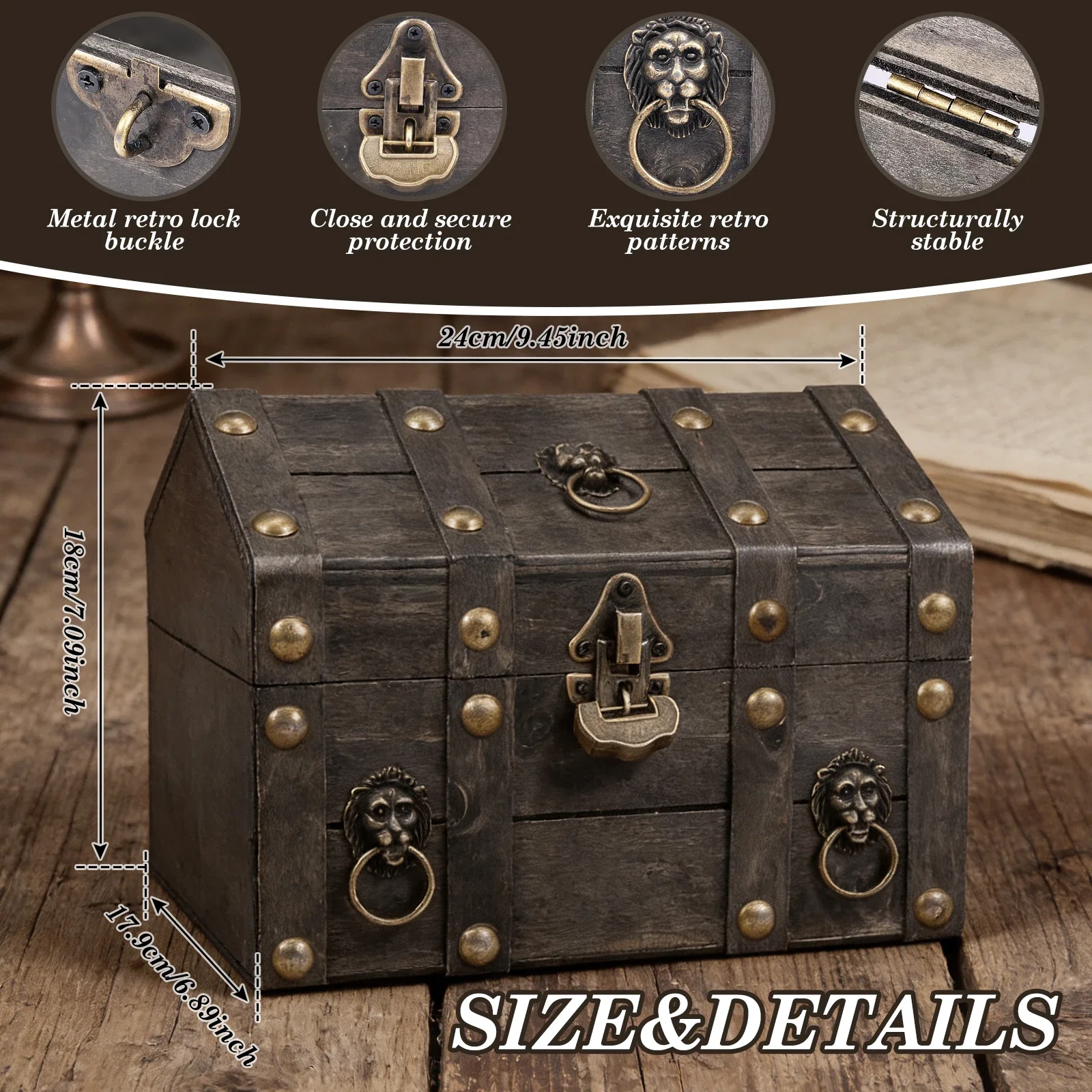 Vintage Wooden Treasure Chest with Metal Lock Large Capacity Retro Wood Jewelry Storage Box Decorative Box Rectangle Organizer