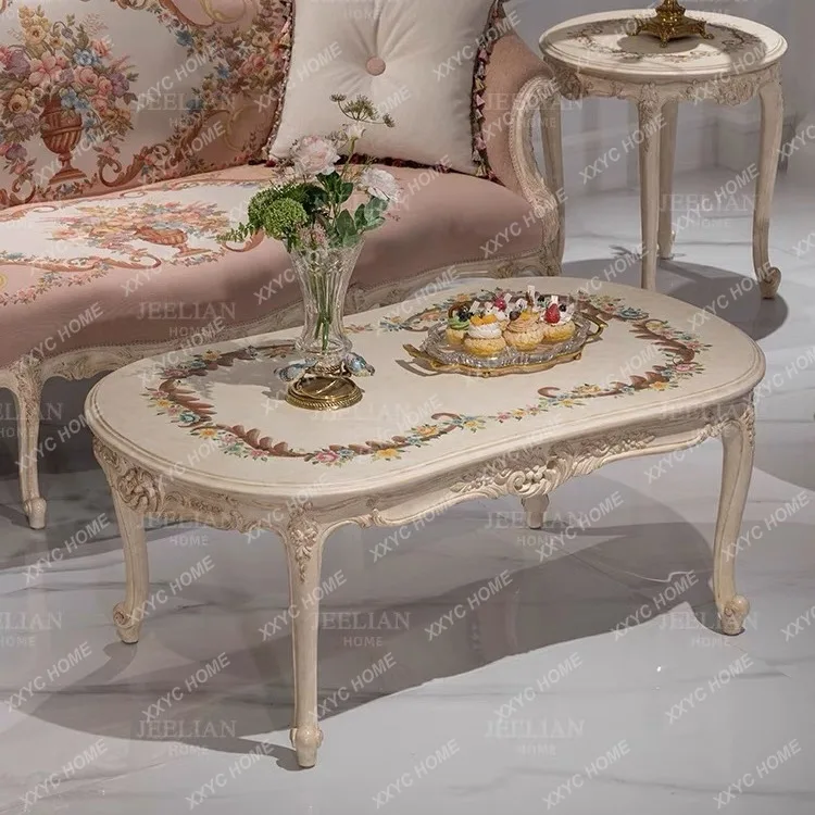 L solid wood court living room sofa combination villa pink printed fabric coffee table sectional sofa