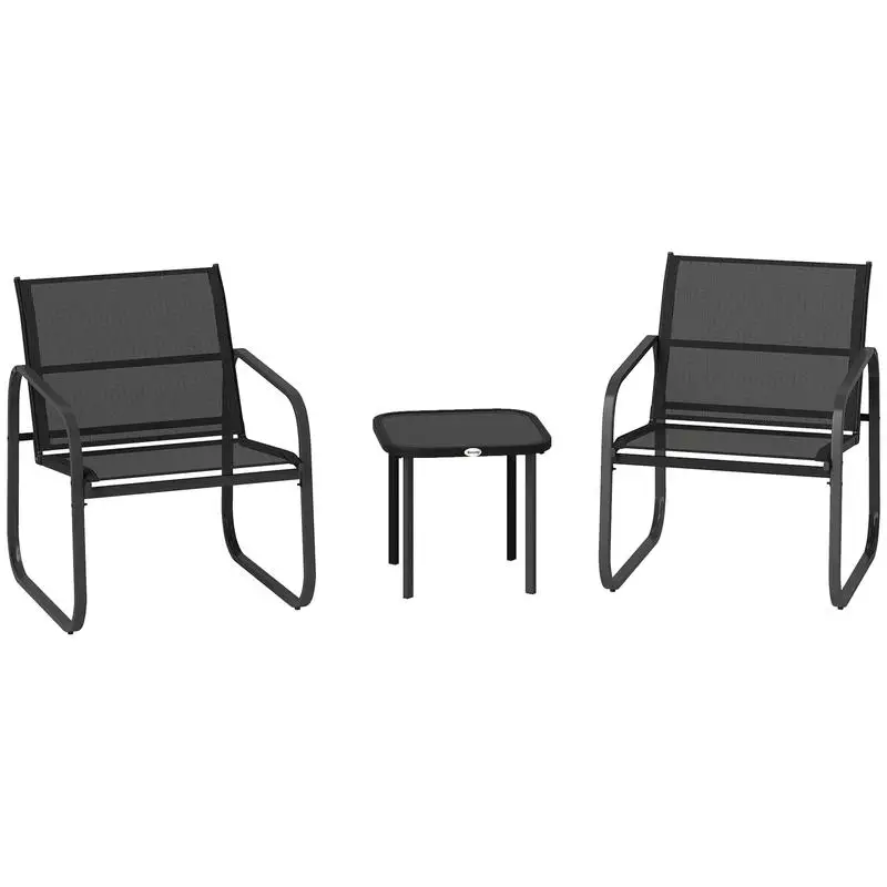 Ensemble bistrot de jardin 3 pièces avec 2 chaises en maille et table basse en verre trempé, noir