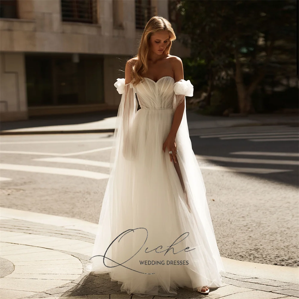 

QICHE Modern Pleat Tulle A-Line Wedding Dress Off The Shoulder Sweetheart Open Back High Side Split Vestidos De Novia Customized