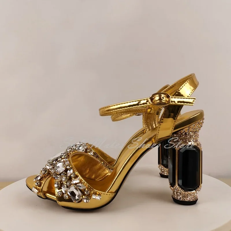 Nuovo arrivo strass dorati sandali con tacco alto grosso estate elegante fibbia alla caviglia décolleté con cinturino a T scarpe eleganti da donna per feste