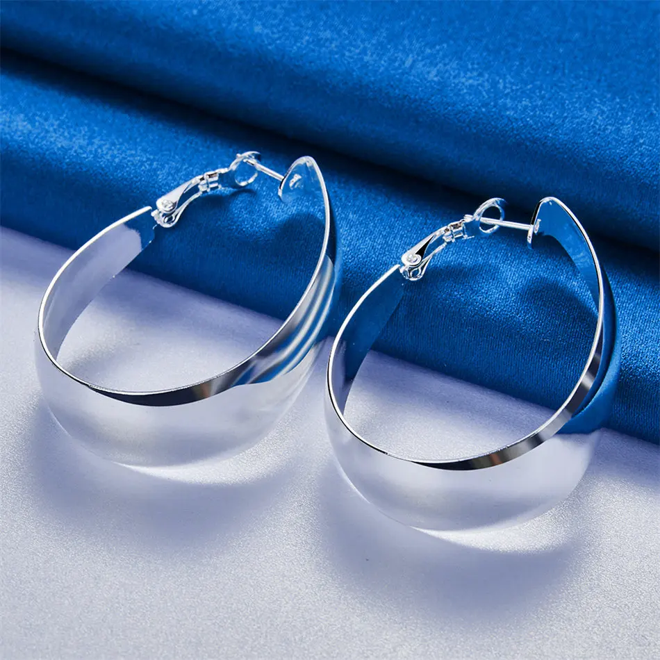 1 Pair 925 Sterling Silver 35mm Luxury Smooth U-Shaped Hoop Earrings Fashion Women Gift Ornaments Party Jewelry