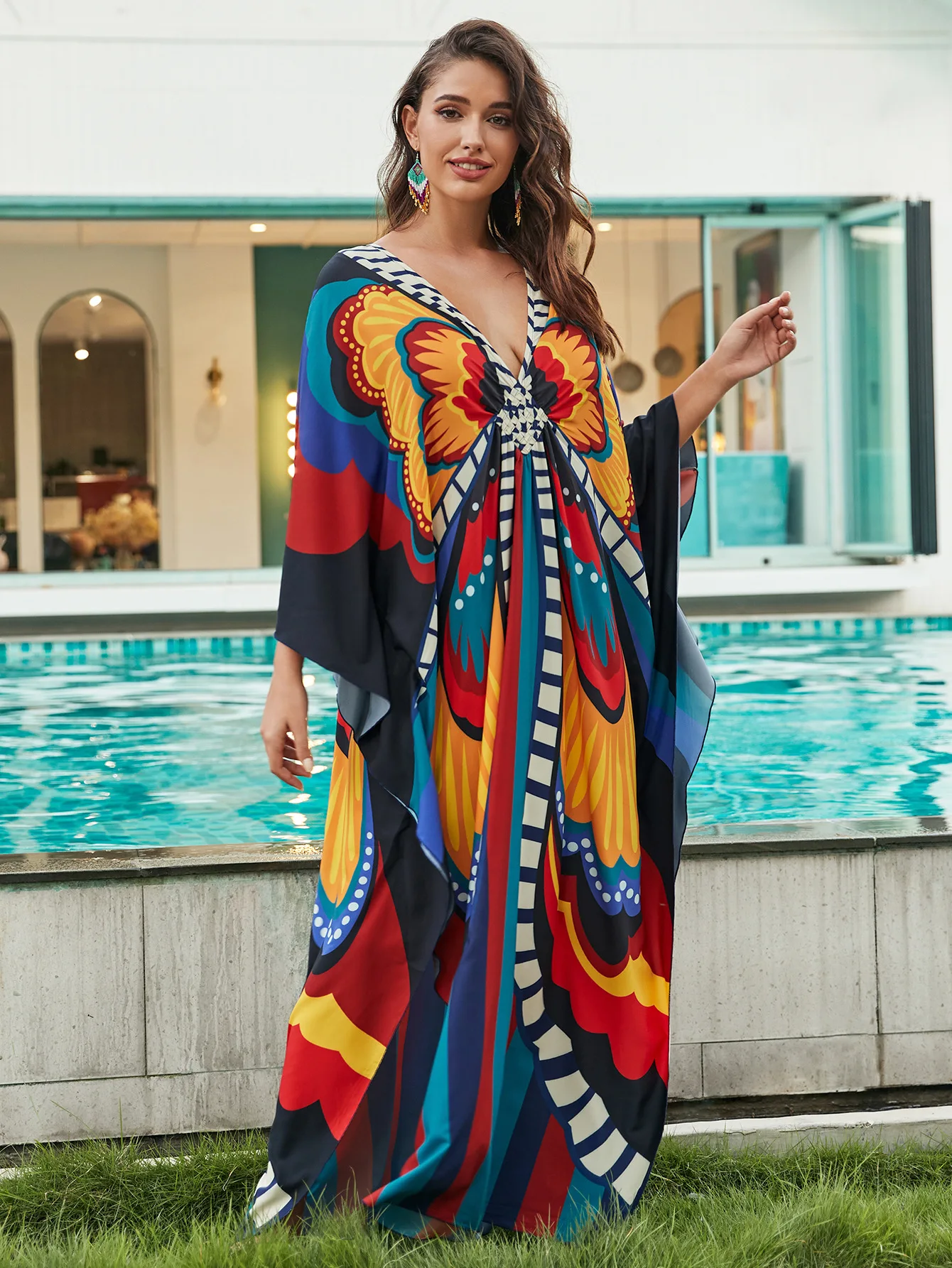 Plus rozmiar sukienki Kaftan dla kobiet drukuj bikini na plażę strój kąpielowy kaftan mumu sukienka Batwing rękaw Cover Up