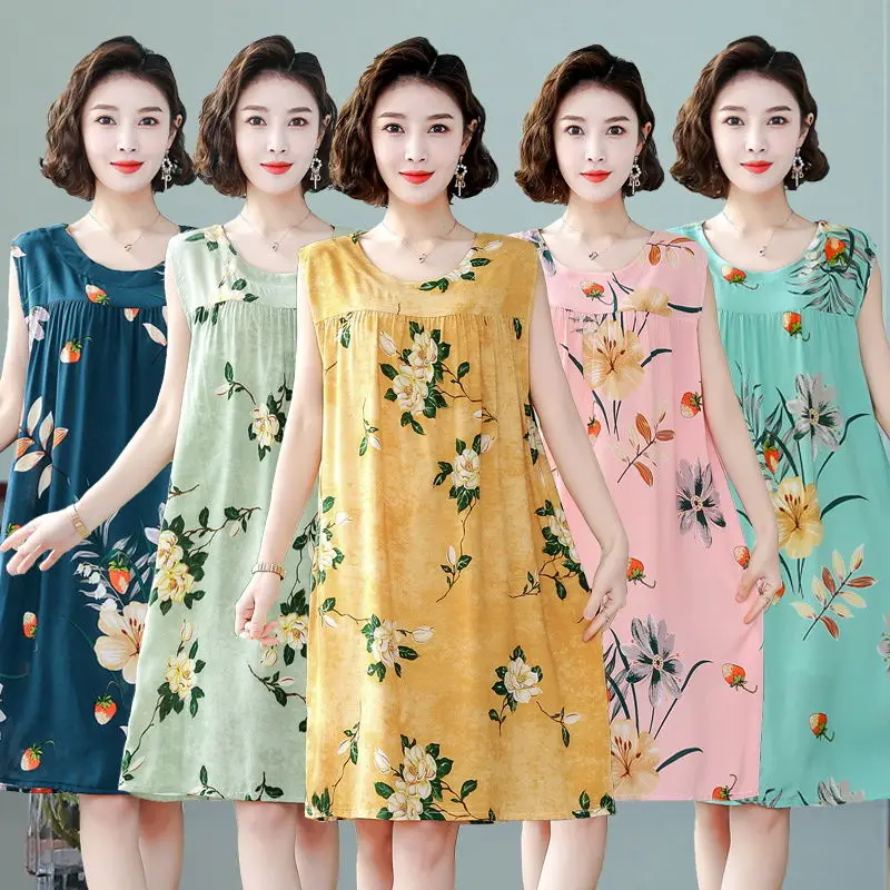 

Women's Cotton Silk Nightdress New Summer Mom Pajamas Mid-length Sleeveless Dresses Loungewear Loose Sleepwear Nightgown
