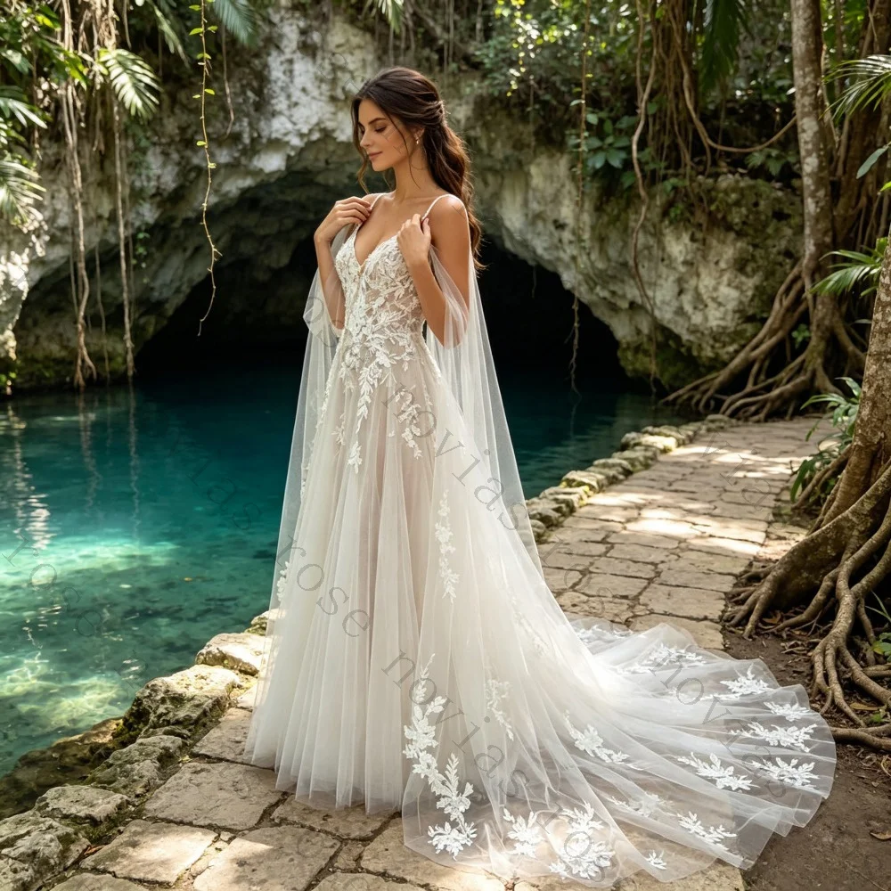 Customized Lace Thin Shoulder Strap Bohemian Wedding Dress 2026V Collar Sheer Applique A-line Bridal Gown Suitable for Parties