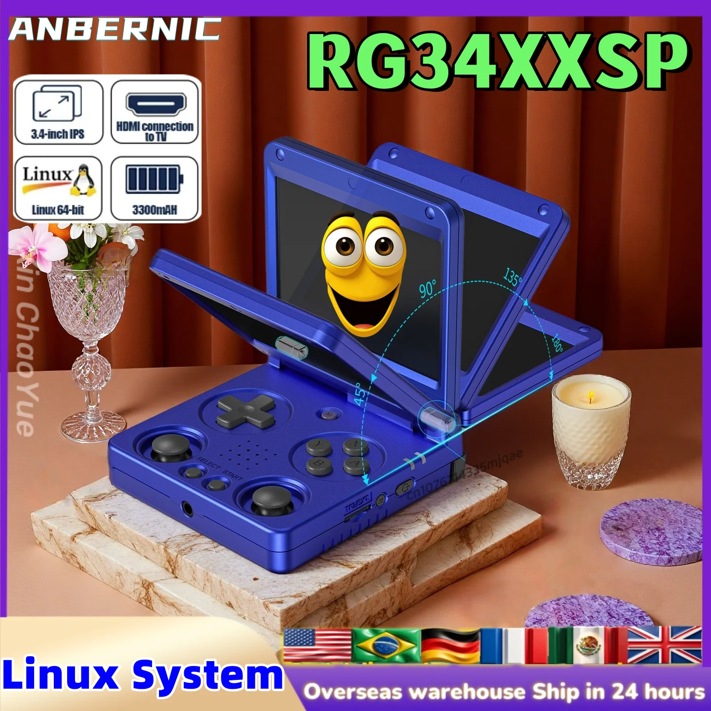 ANBERNIC RG 34XXSP Flip Handheld Console 3.4''IPS Screen 64-bit Storage 5000 Games 5G WIFI TV Output Streaming Support