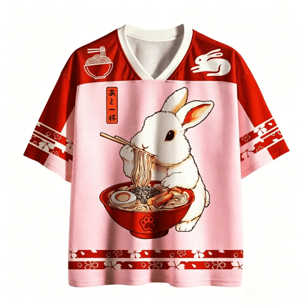 2627 Unisex Cute Rabbit Ramen Noodle Graphic T‑Shirt Men Women Casual Food‑Lover Urban Streetwear Short Sleeve Hip‑Hop Tee Tops