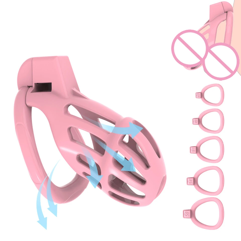 Male Penis Lock Chastity Cage With Lock And 4 Rings Resin Material Breathable Cock Ring Restraint Adult Sexy Toy