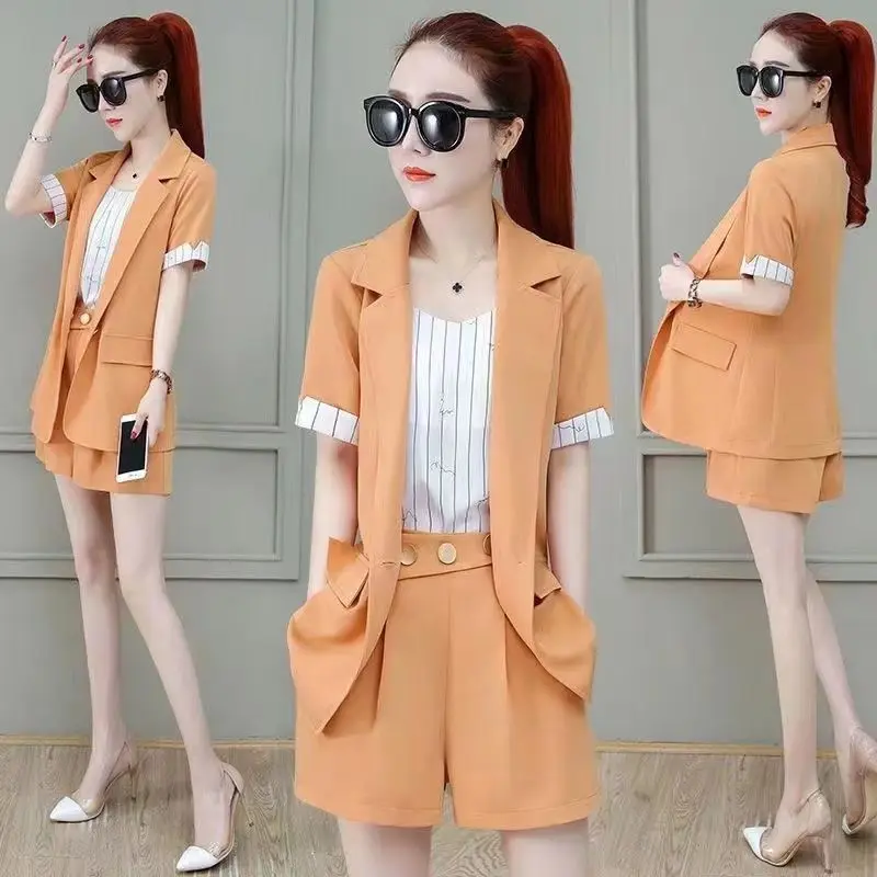 Fashionable Women\'s Set New Korean Version High-end Stylish Thin Style Short Sleeved Shorts Professional Suit Three Piece