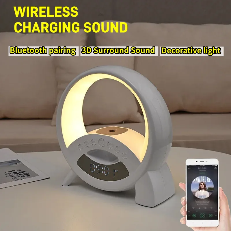 

Wireless Bluetooth Speaker Colorful Lights Phone Wireless Charge Clock Display Multi Modes Alarm Timer Function TF Caxia De Som