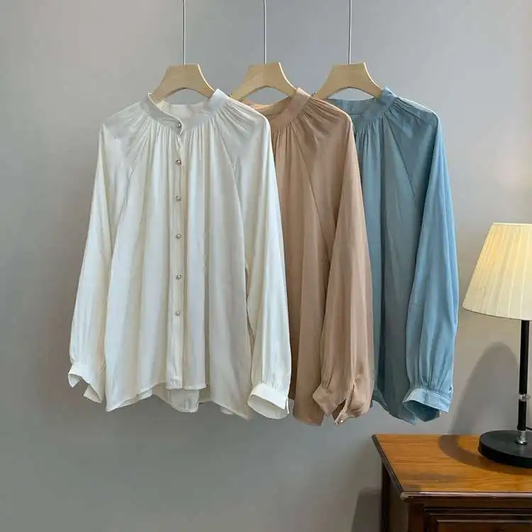 

Women's Acetic Acid Satin irt Long Sve Stand Collar Lantern Sve Pure Color Design Sense Small Longs Spring Faion