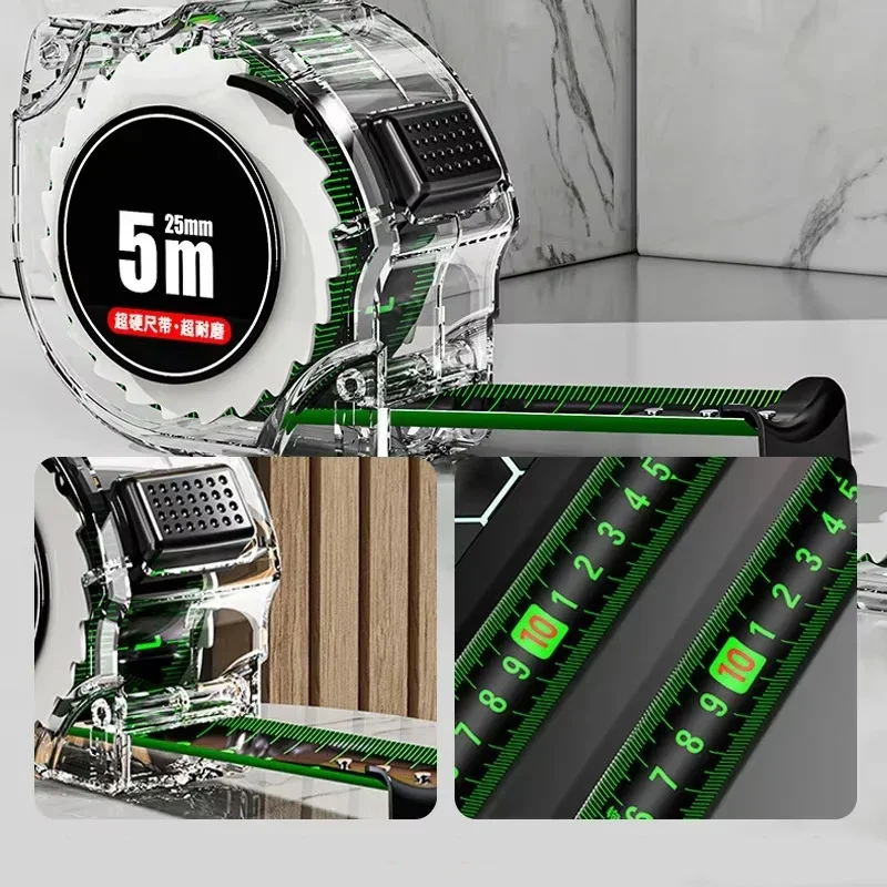 5M/7.5M/10M 검정색 형광 줄자 고정밀 두꺼운 줄자 내마모성 및 낙하 방지 줄자