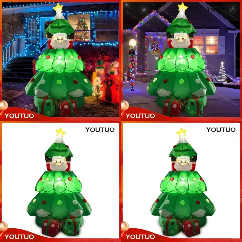 for LED Light-up Christmas Inflatable Santa Claus Movable Air Model Elevating Christmas Tree Decorative Ornament with Gift