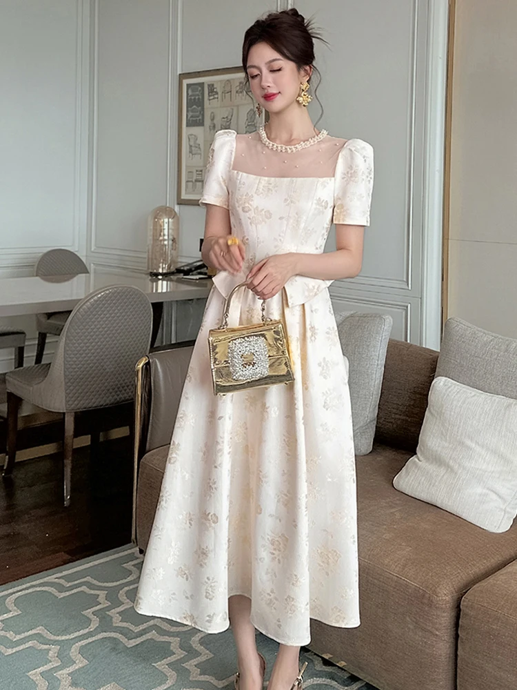 Women Clothes Evening Jacquard Sheer Sexy O-Neck Slim A-Line Long Dress Elegant Lady Fashion Party Birthday Vestidos Robe Summer