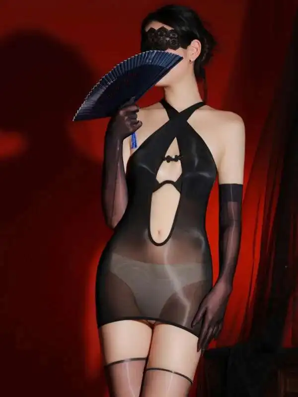 Cross hanging neck 6D horse oil bag buttocks tank mini tank mini dress iece silk leaking chest shiny oil dress elegant tops 6O1Y