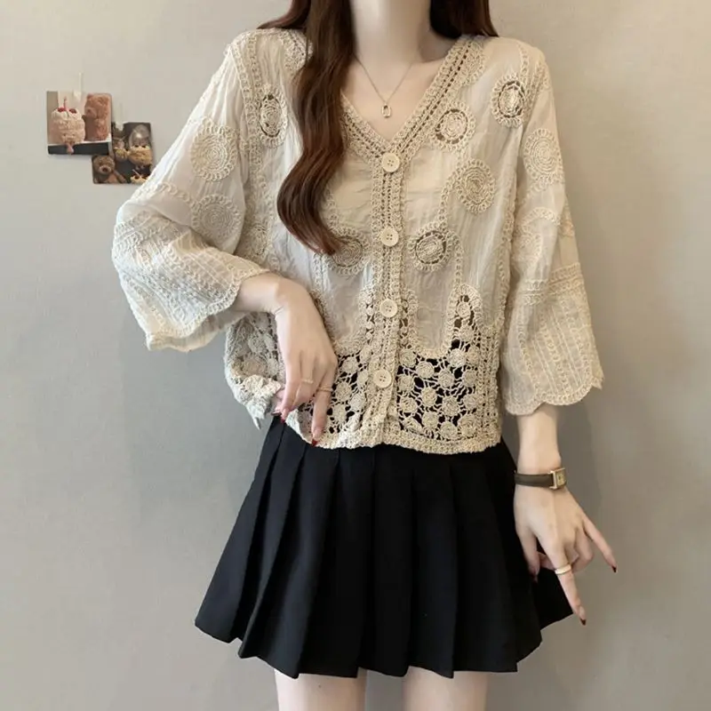 

3/4 Sleeve Crochet Hollow Out V-Neck Blouse Women's Spring Elegant Top