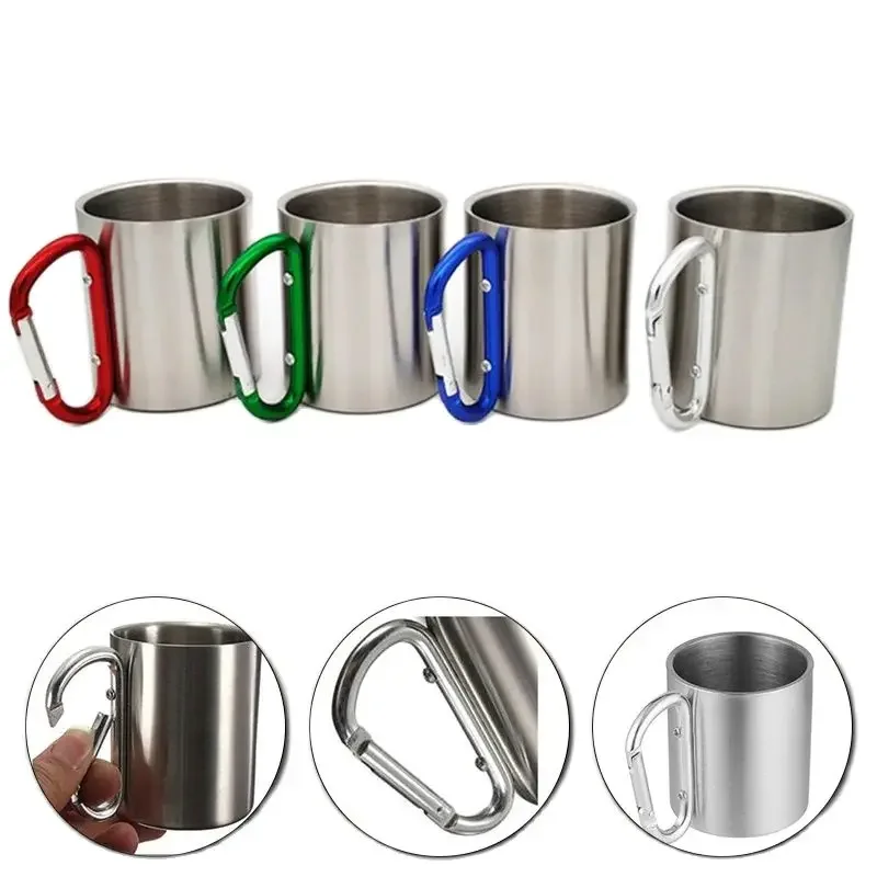 220Ml Stainless Steel Cup for Camping Traveling Outdoor Cup with Handle Carabiner Climbing Backpacking Hiking Portable Cups Hike