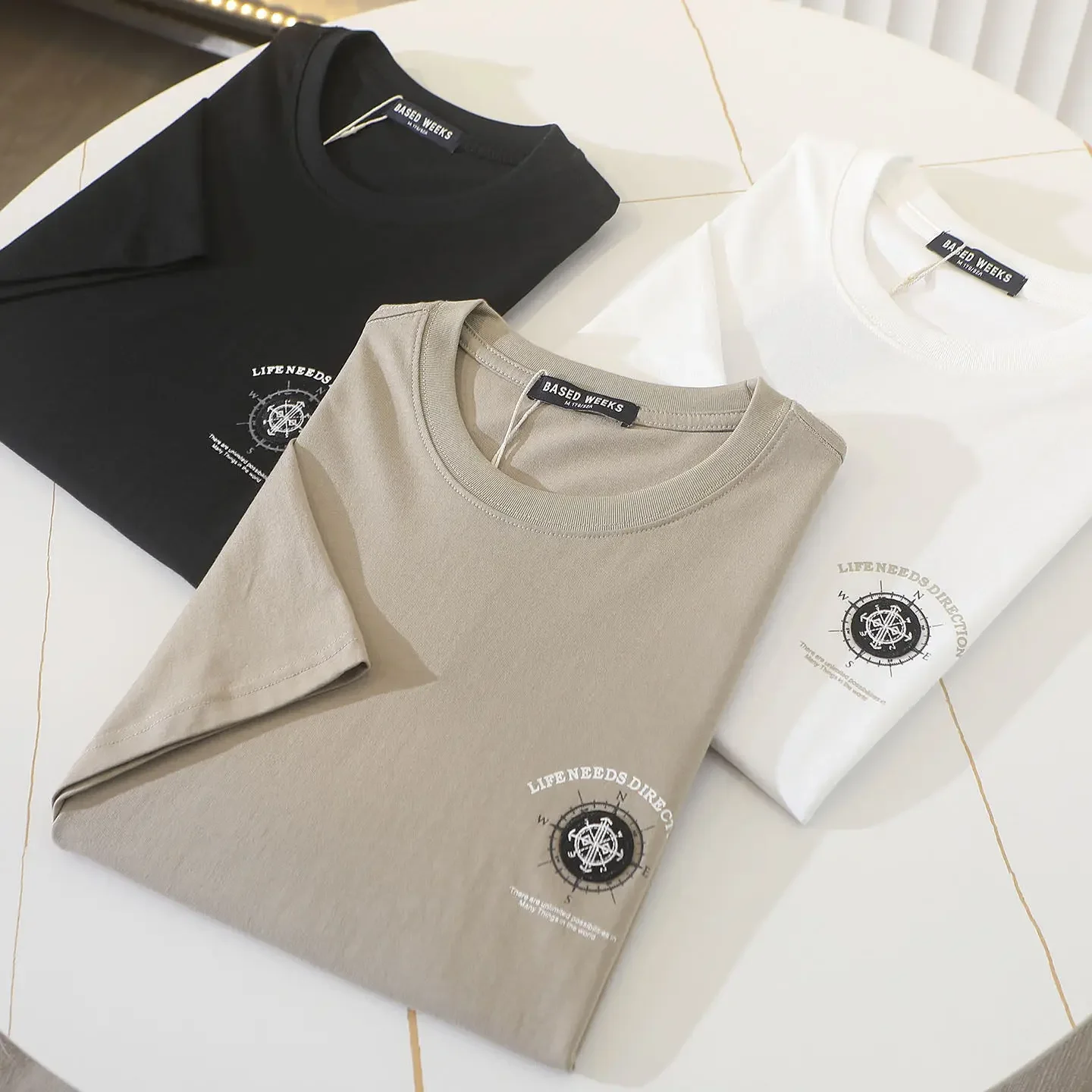 High-count 100% cotton, men's summer breathable round neck short-sleeved T-shirt with pure cotton backing