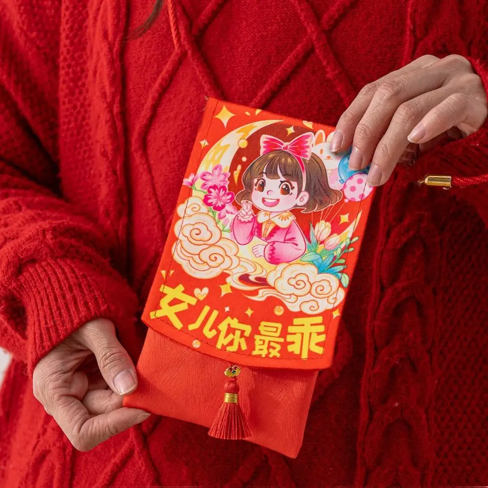 Chinese New Year Fabric Red Envelop Blessing Words Spring Festival 2025 Red Pocket Cartoon Best Wishes Change Gifts Bag