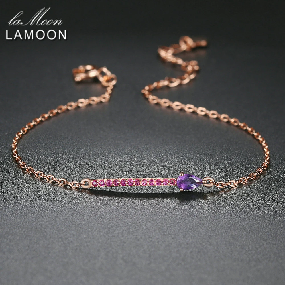 Adjustable 925 Silver Charm Bracelets Natural Amethyst Teardrop Rose Gold Plated Perfect for Stylish Elegant Women Fine Jewelry