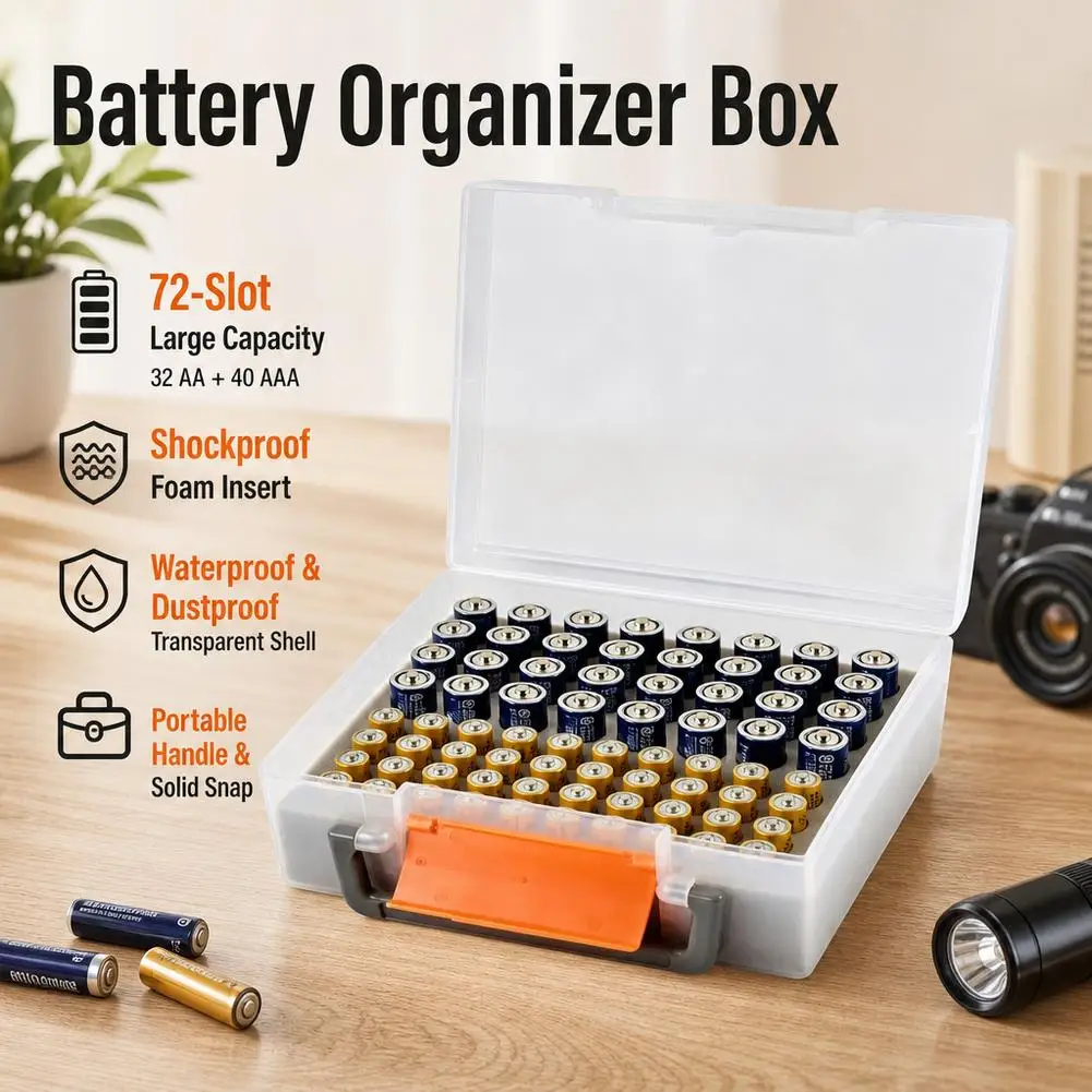 Clear Battery Storage Box 72-Slot – Organizer Case For AA & AAA Batteries Garage  Home Drawer