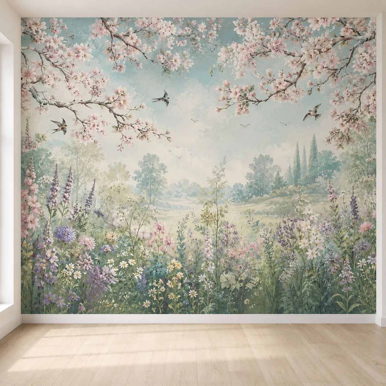 Pastel Wildflower Meadow Wall Mural Wallpaper Cherry Blossom Birds Living Room Bedroom Non Self Adhesive Paste Required