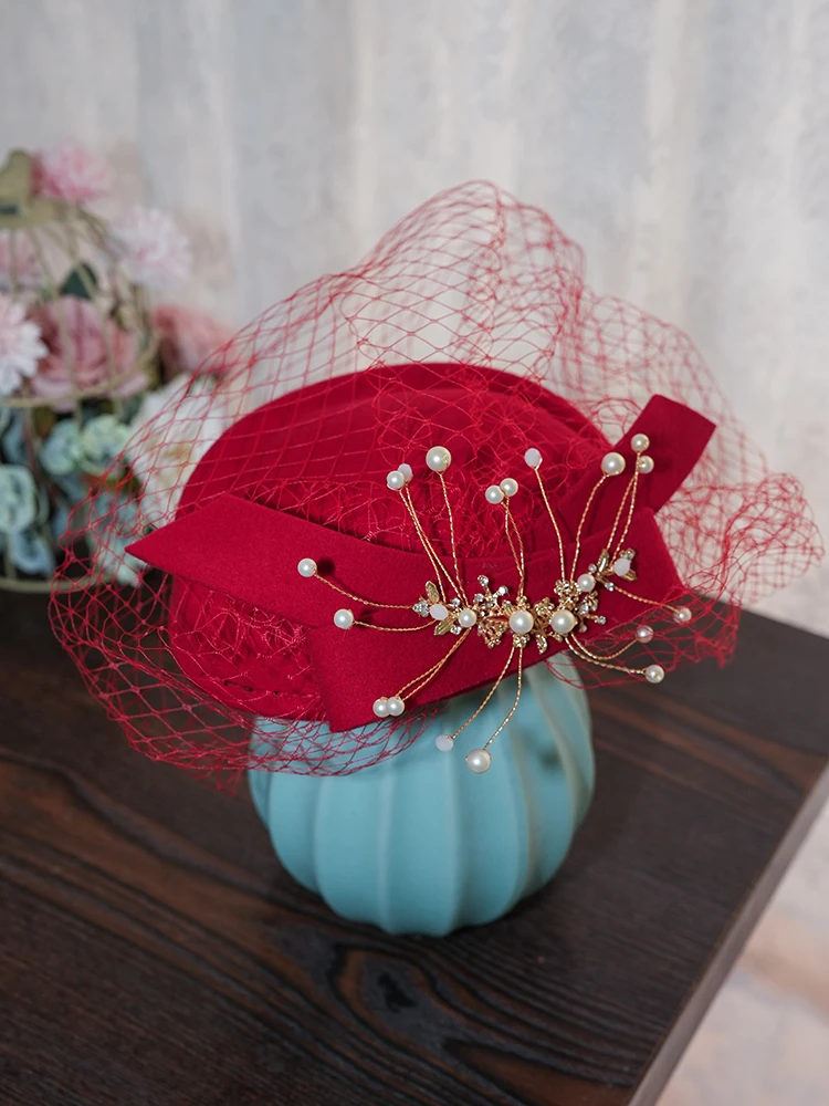 

French Style Mini Wool Fascinator Hat Headwear for Women Photo Shoot Party Elegant Ladies Bow Beading Fascinator Hat Headpiece