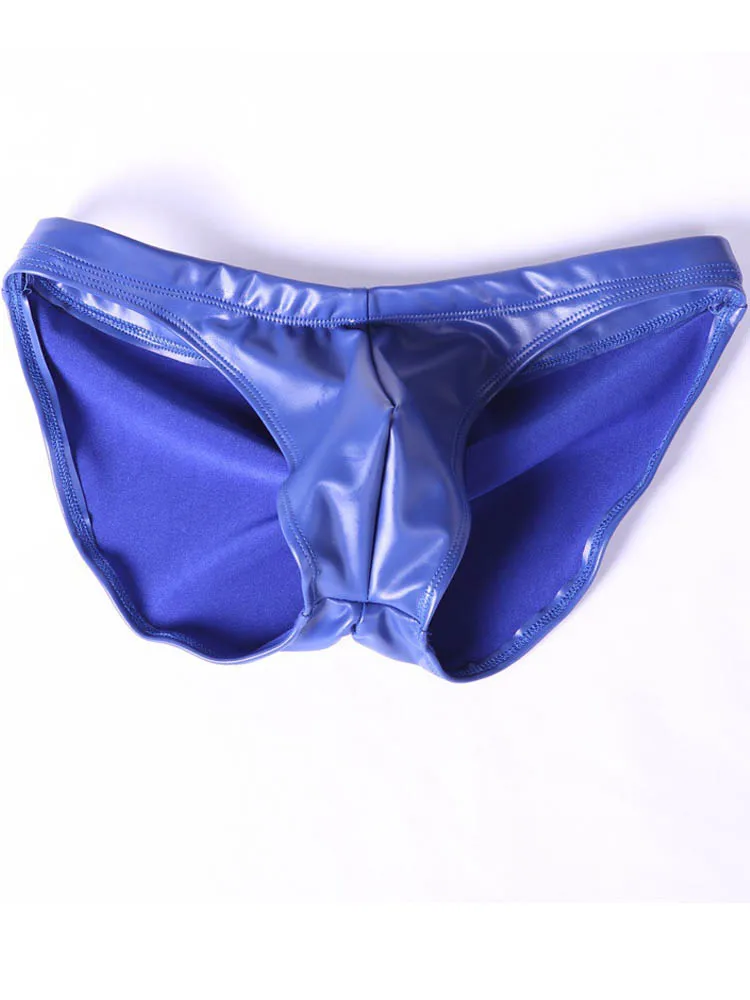 Oil Glossy Faux Latex Elastic PU Leather Mens Bikini Briefs Low Waist Convex Pouch Calzoncillos Jockstrap Tights Swimming Trunks