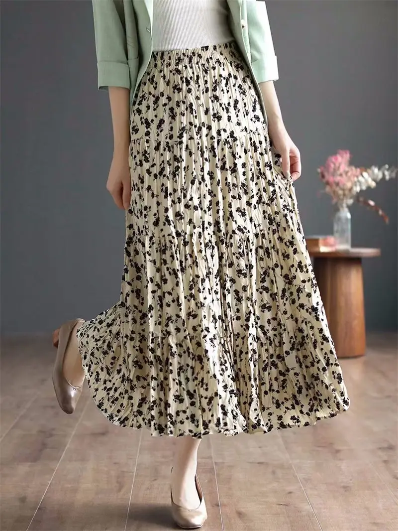 

Spring/Summer Floral Skirt For Women Retro Art Versatile Wrinkled Ruffle Edge Skirt Slim Elegant Jupe Femme Z1121